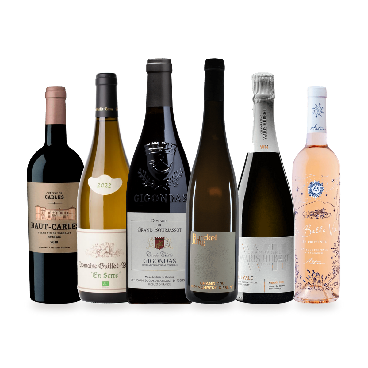 Smagekasse Klassikere med seks franske vine fra Bordeaux, Bourgogne, Rhône, Alsace, Champagne og Provence