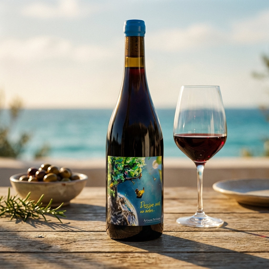 Flaske Artisans Partisans rødvin fra Languedoc-Roussillon. Økologisk naturvin med carignan.