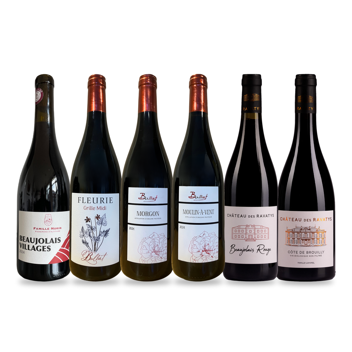 Smagekasse Rød Beaujolais i én kasse med seks røde fra Bulliat, Famille Morin og Château des Ravatys