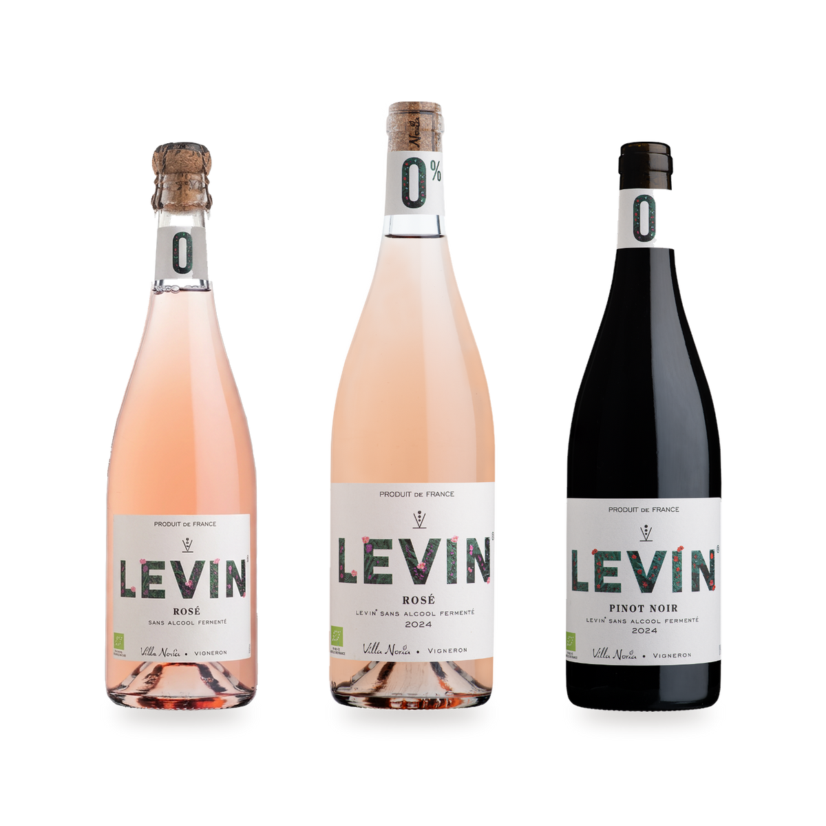 Smagekasse Dry January med tre alkoholfri Levin 0% vine: mousserende rosé, rosé og Pinot Noir
