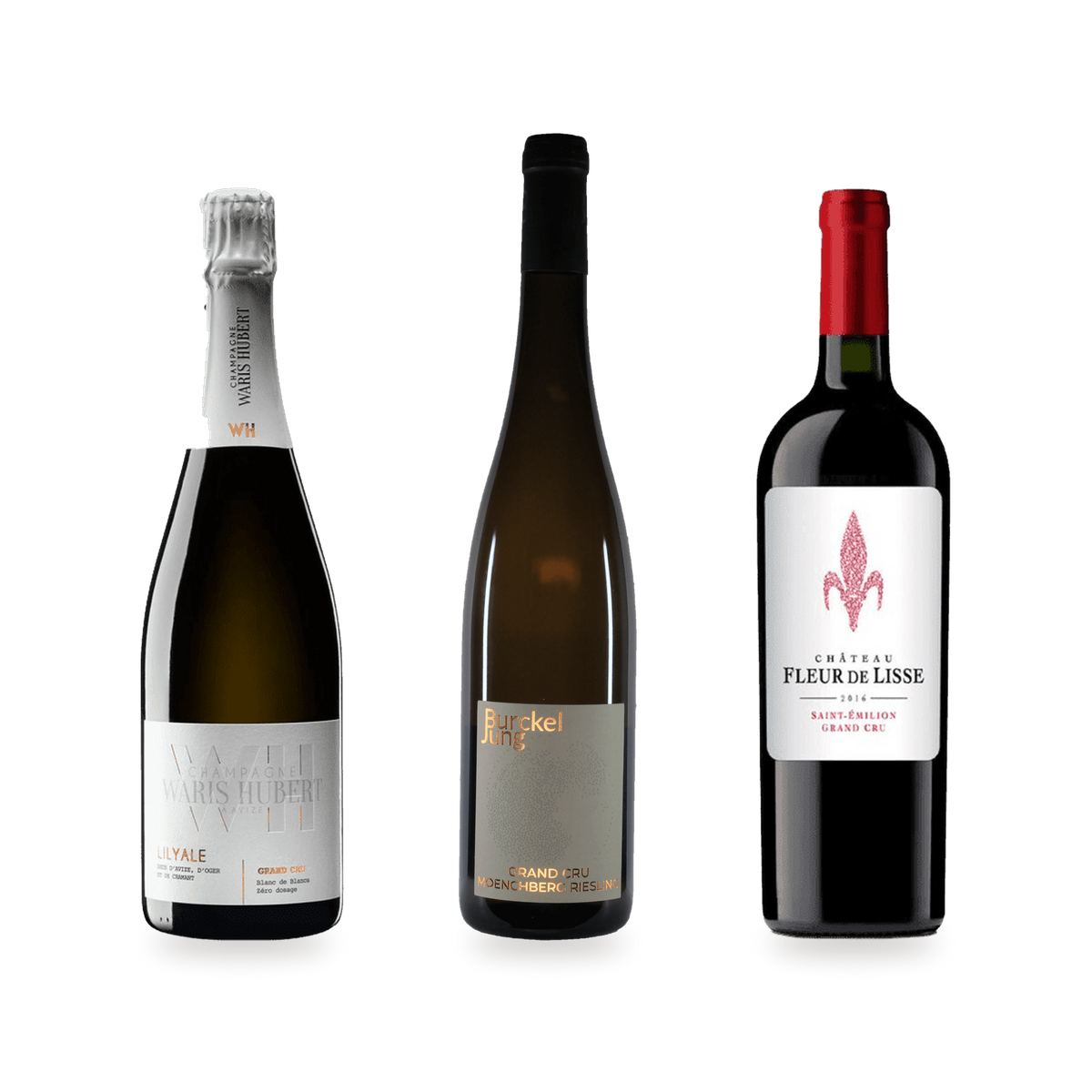 Smagekasse Grand Cru med Champagne Lilyale, Grand Cru Moenchberg Riesling og Château Fleur de Lisse