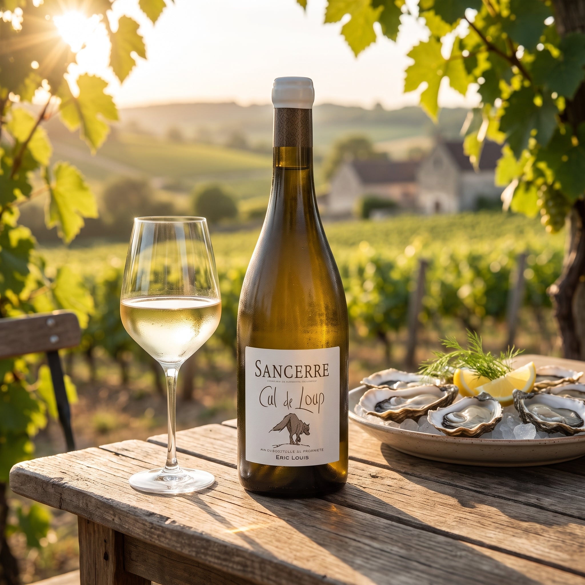 Sancerre Blanc Cul de Loup hvidvin serveret med friske østers i en solbeskinnet fransk vinmark