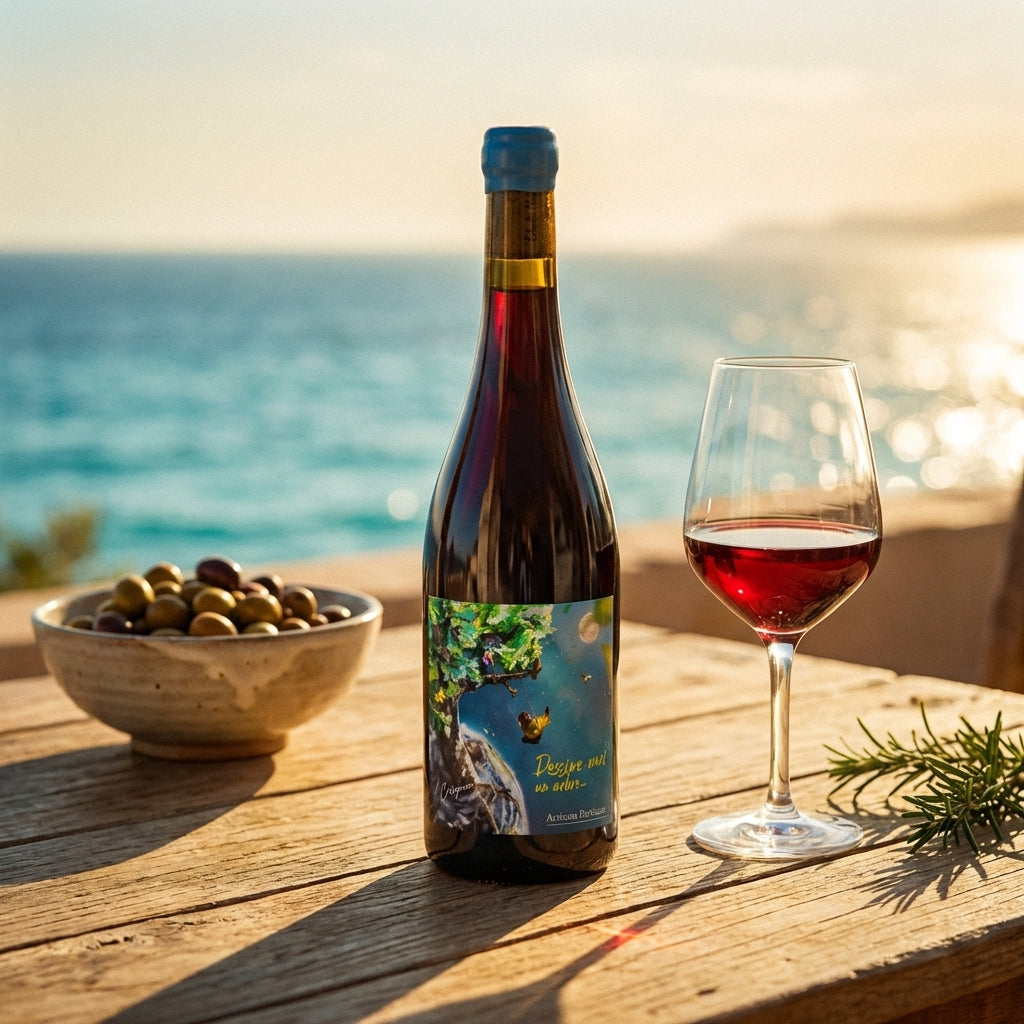 Flaske af økologisk Artisans Partisans carignan rødvin fra Languedoc-Roussillon