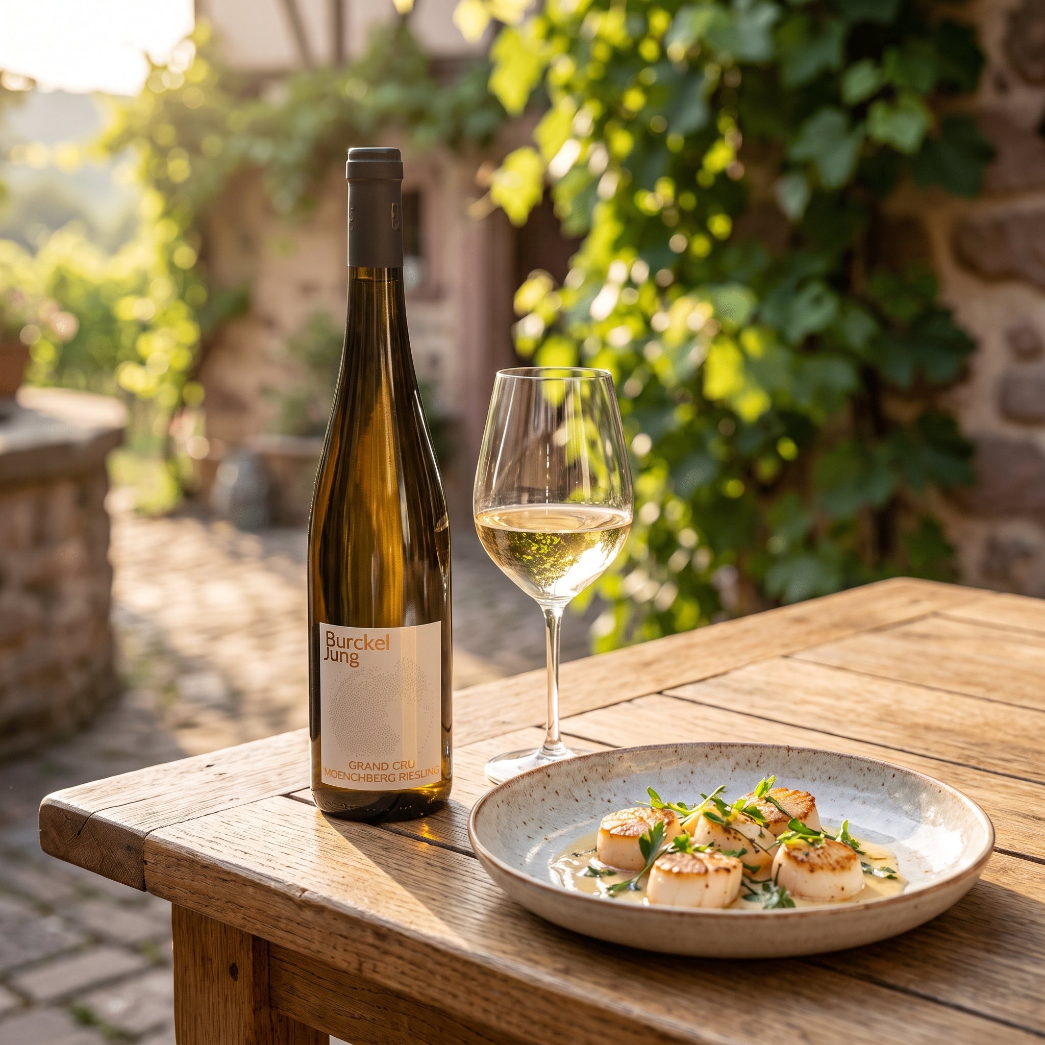 Domaine Burckel-Jung Grand Cru Moenchberg Riesling ved siden af stegte kammuslinger på et rustikt træbord