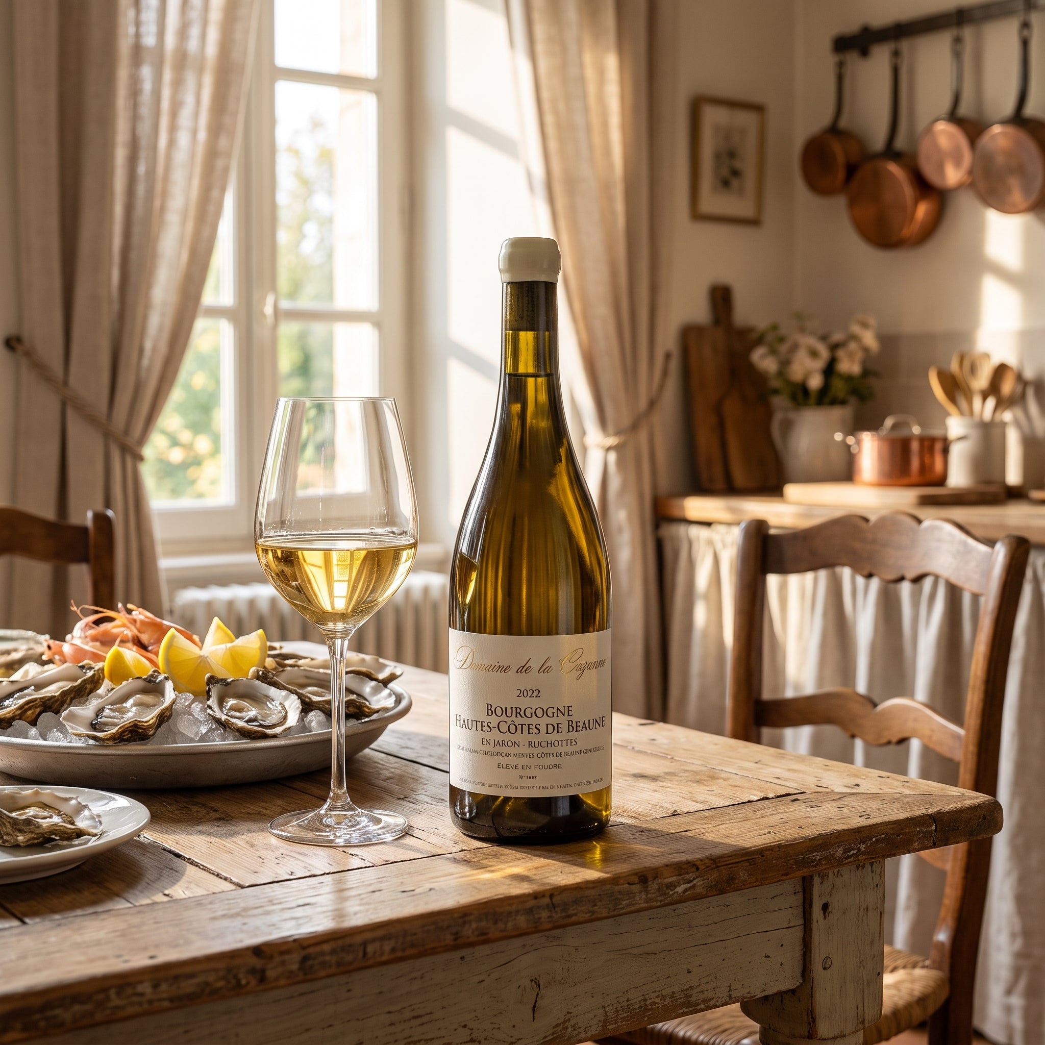 Domaine de la Cozanne hvidvin serveret ved et eksklusivt bord med friske østers i en rustik ramme.