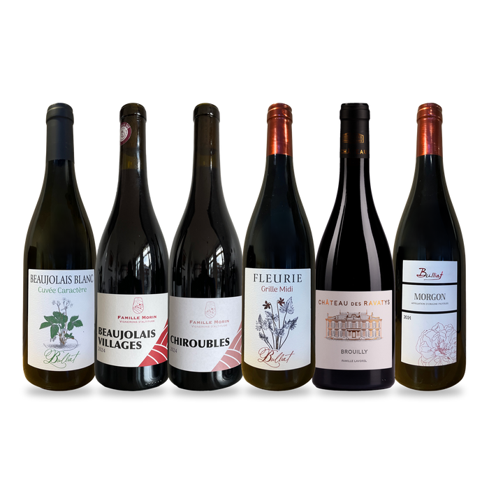 Smagekasse Beaujolais i én kasse med fem røde og en hvid fra Bulliat, Famille Morin og Château des Ravatys