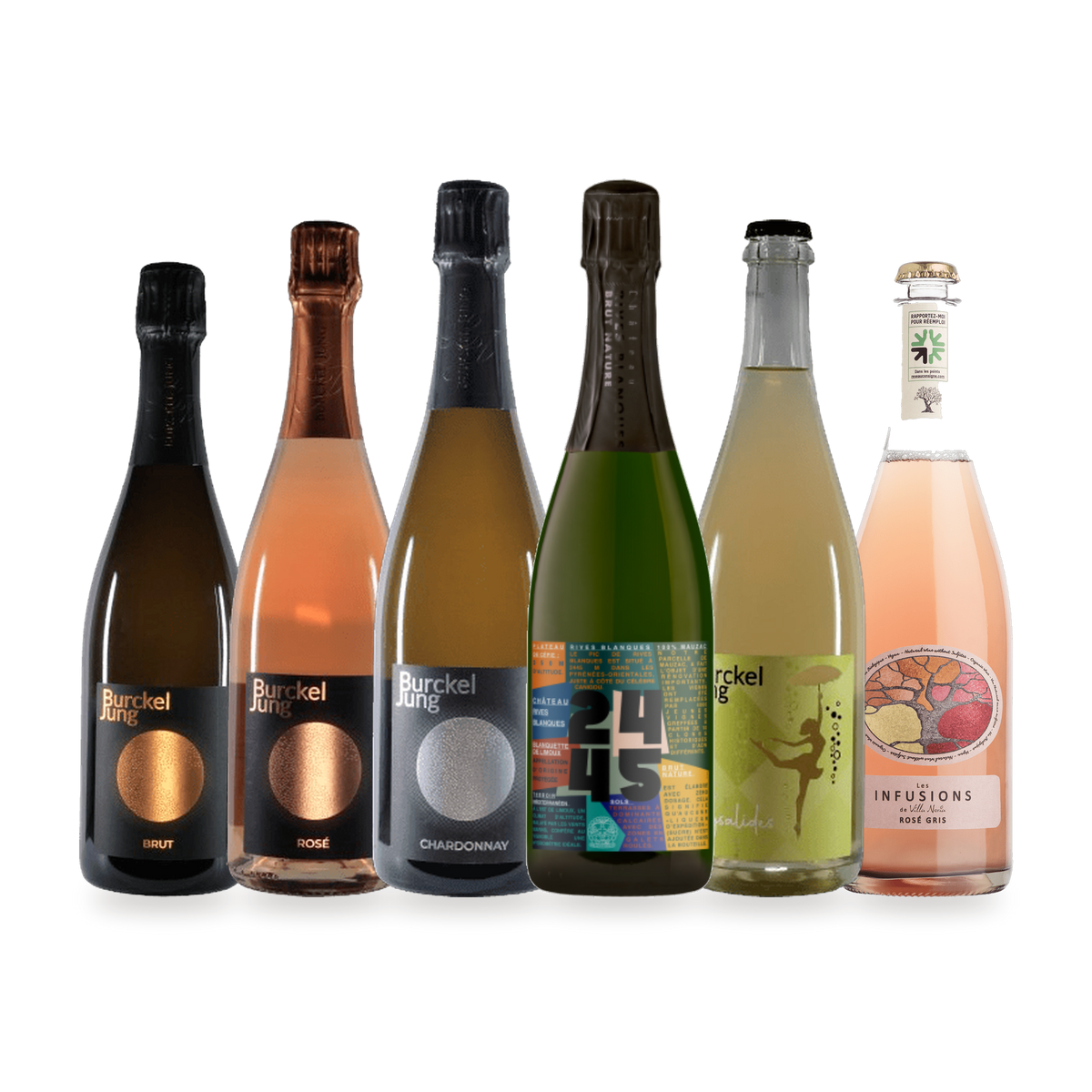 Boblekassen med seks franske mousserende vine: tre Crémant d'Alsace, en Brut Nature og to Pet Nat