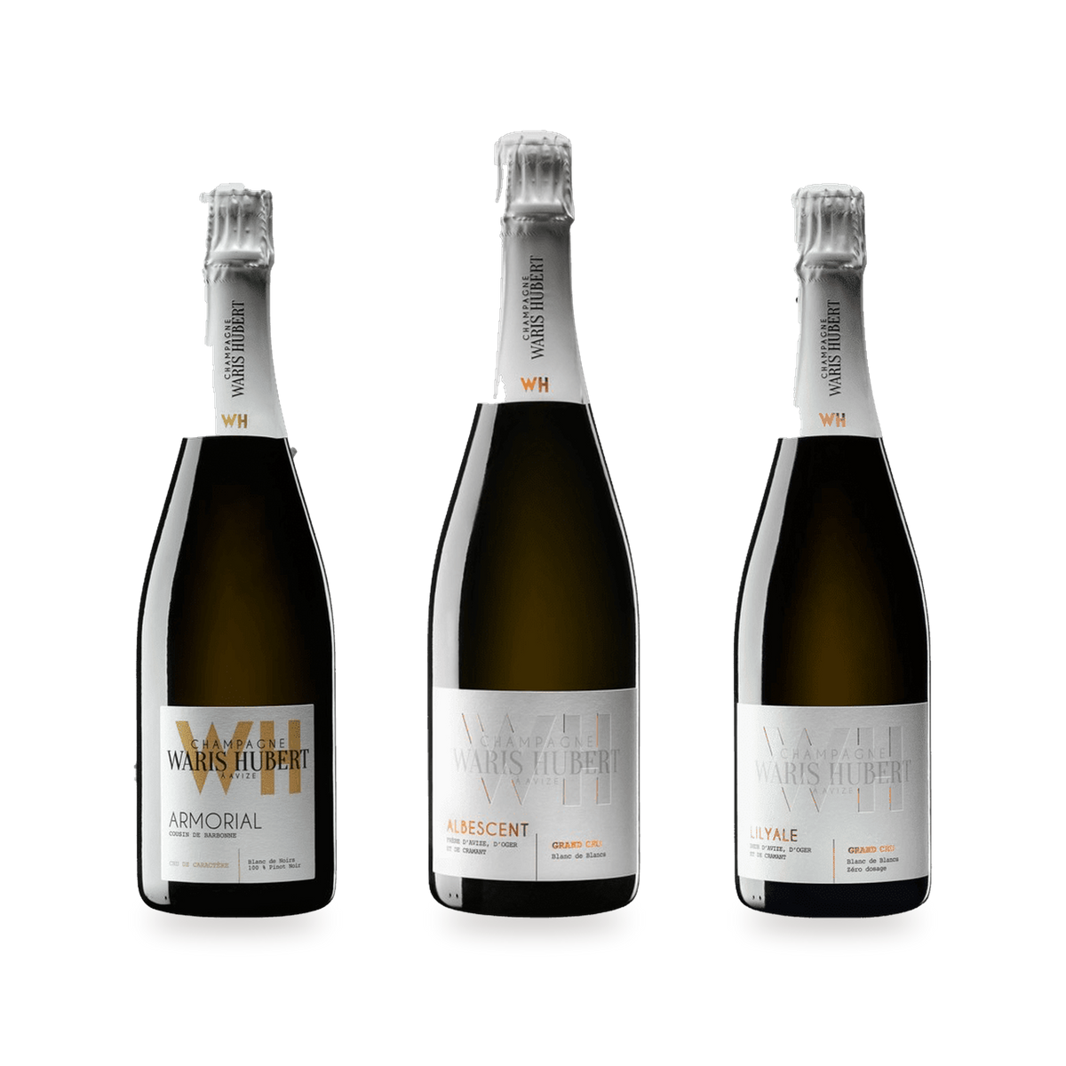 Champagnekassen med tre champagner fra Waris-Hubert: Armorial, Albescent Grand Cru og Lilyale Grand Cru