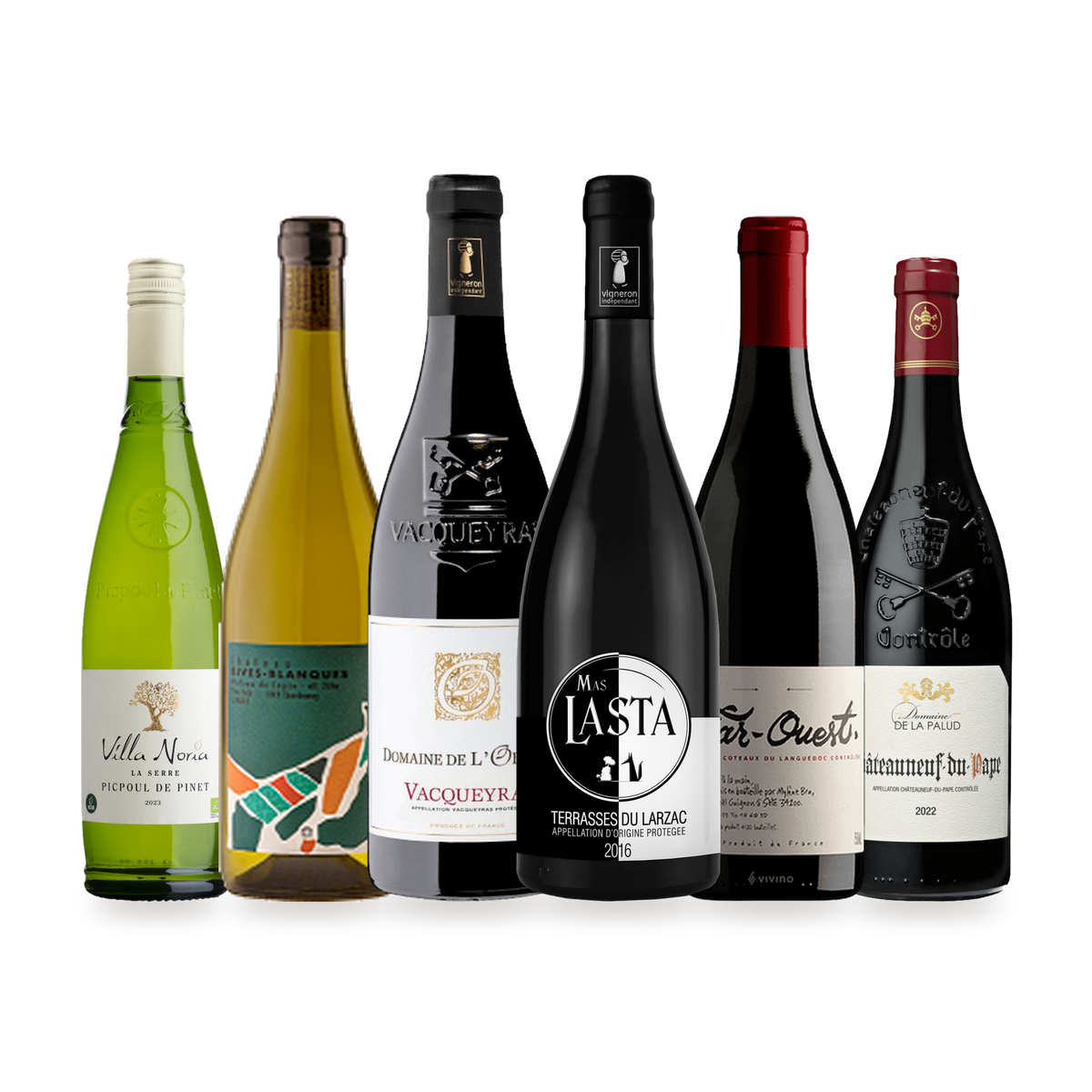 Smagekasse Sydfrankrig med to hvidvine fra Languedoc og fire rødvine fra Languedoc og Rhône